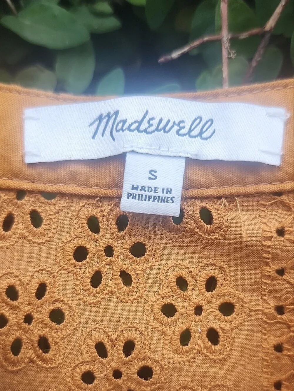 Madewell Burnt Orange Eyelet Peasant Blouse With Tie-Neck Top